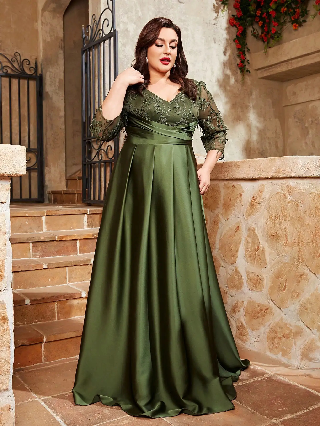 Mgiacy Plus Vneck Lace Embroidered Mosaic Satin Fabric Hand Folding Long Dress Evening Ball 250506