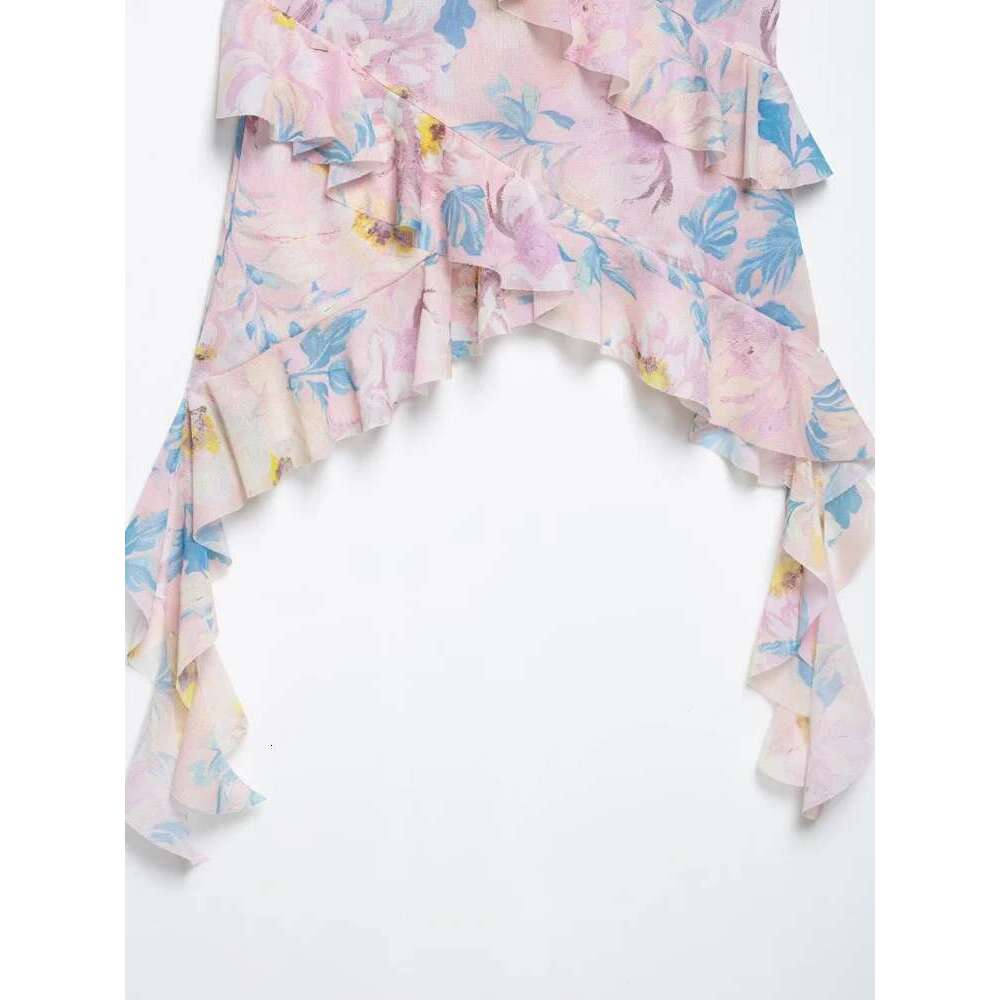 TRZA Women Fashion With Ruffles Printed Tulle Tank Tops V Neck Asymmetric Straps Female Camis Mujer