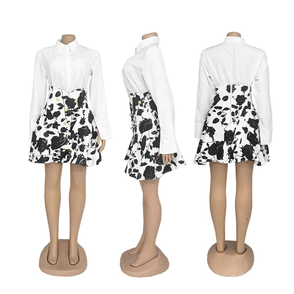Fashion Women Full Sleeeve Shirt + Print Mini Skirts Suits Fall Party Street Two 2 Piece Dress Sets Outfits