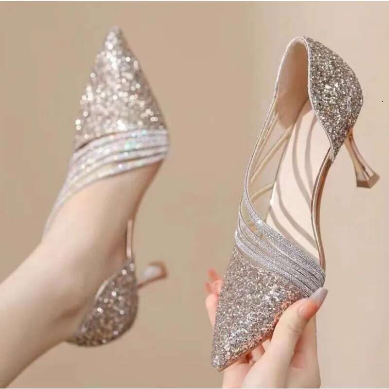 Sexy Pointed Toe Champagne Ladies High Heels New Shiny Crystal Wedding Bridal Simple and Elegant Women's Dress Shoes