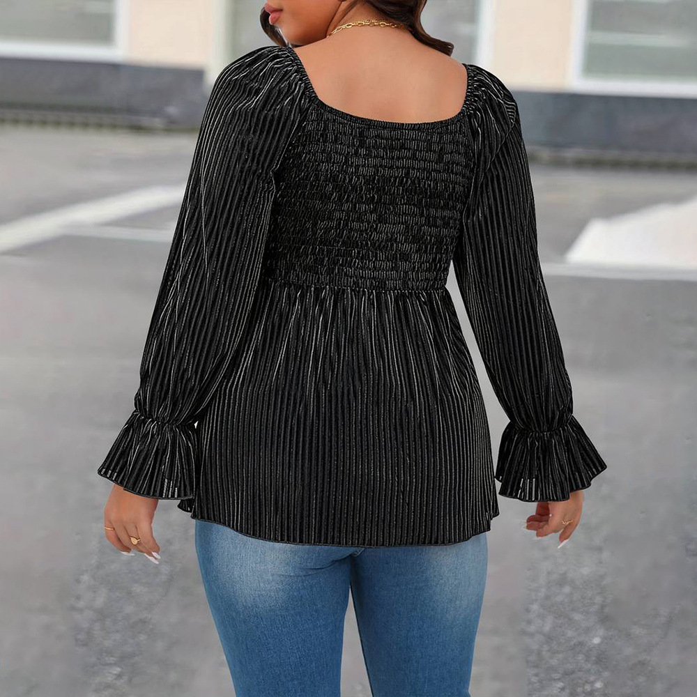 Plus Size Womens Square Neck Flared Sleeve T-shirt Autumn and Winter Elegant Waist Cinching Slimming Velvet Top