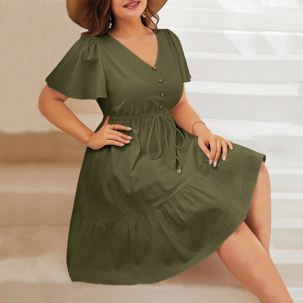 Summer Large Womens Style Short Sleeve Waist Strap Holiday Dress