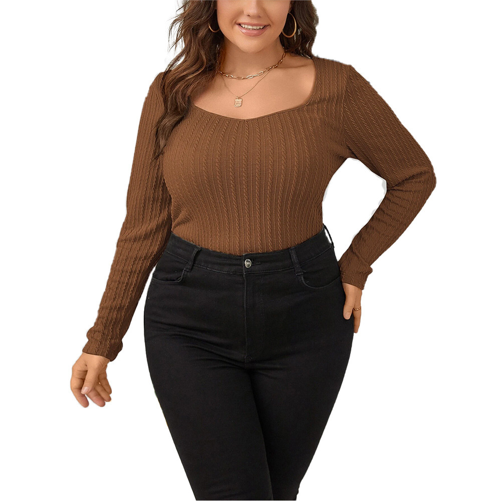 Large Size Womens New Slim Fit and Slimming Huafu Grid Chicken Heart Collar Knitted Long Sleeved T-shirt
