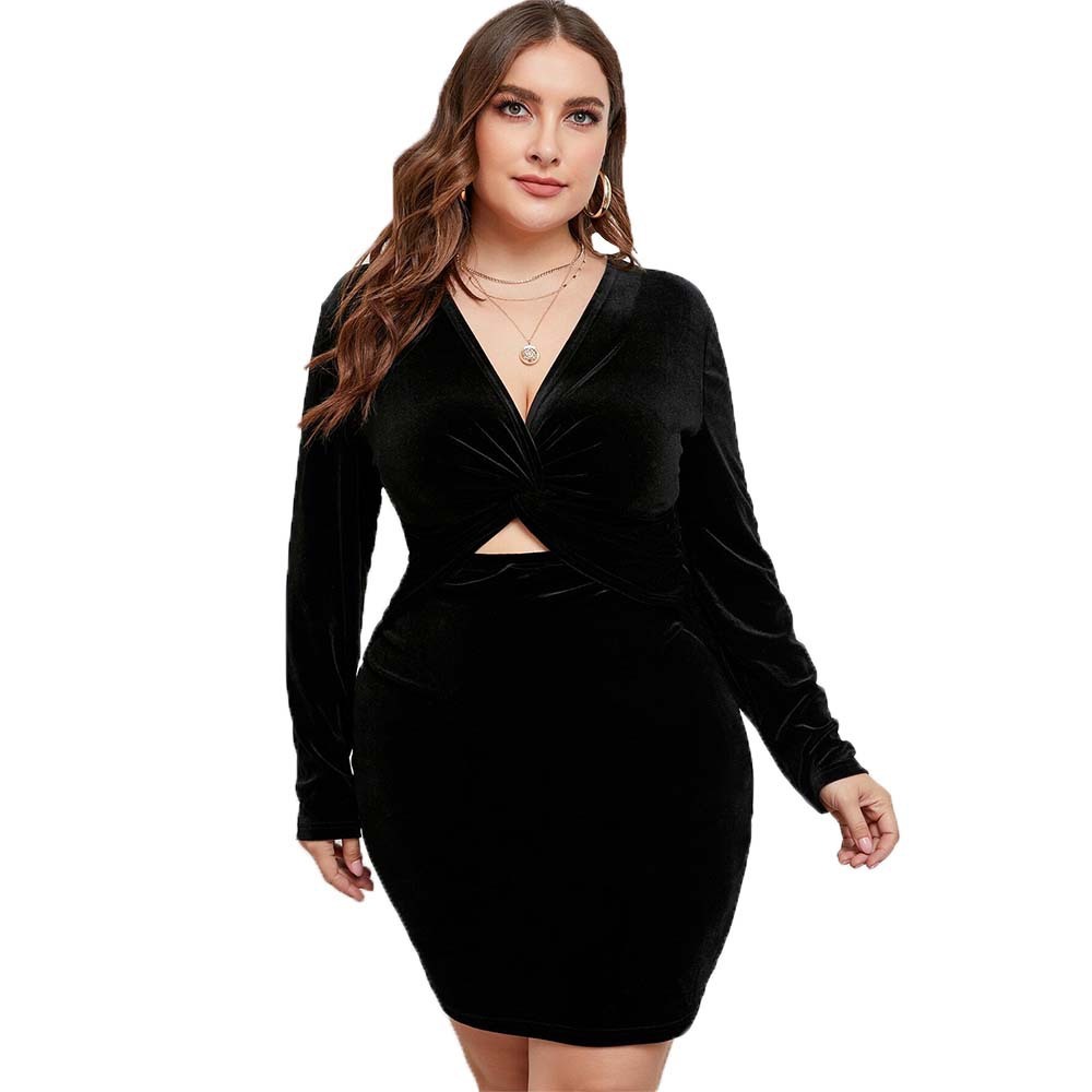 Large Size Womens Fashion Korean Velvet Dress Autumn and Winter Sexy Exposed Navel High Waist Mid Length Skirt