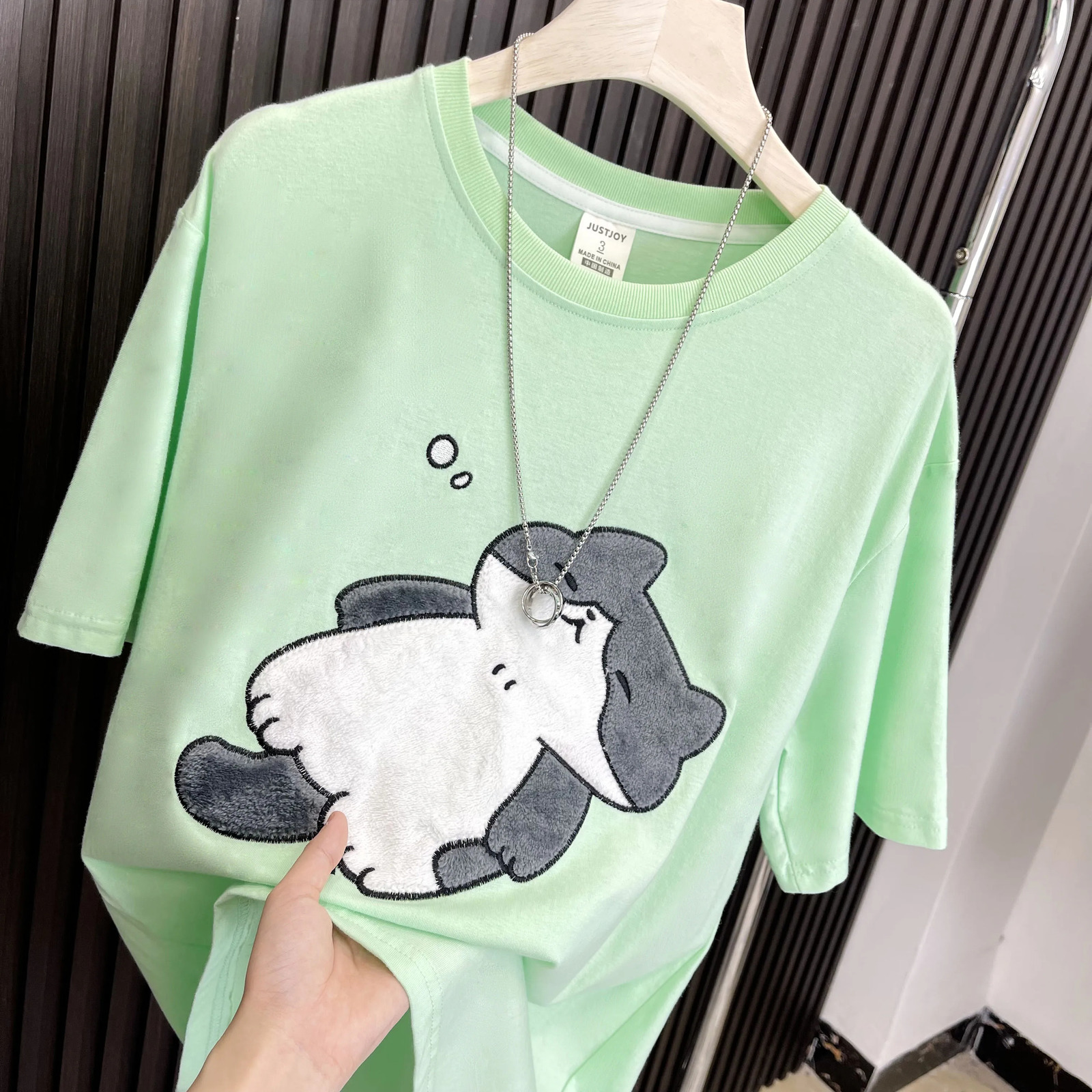 3D Flocked Embroidery Sleepy Cute Little Cat Womens Tshirt Plus Size Korean Cartoon Kawaii Top 2024 Y2k Summer Lazy Tees 250514