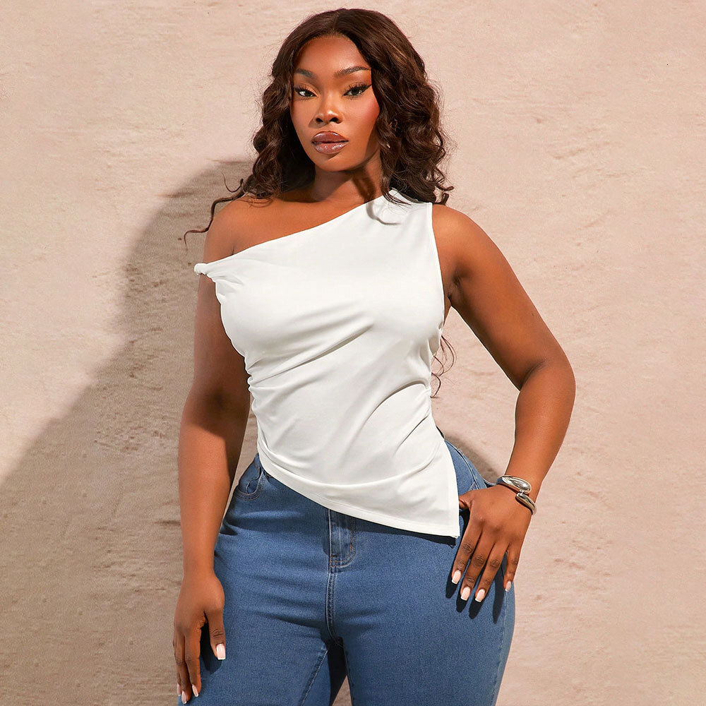 Large Size Womens Sexy Slanted Neck T-shirt Summer New Off Shoulder Sleeveless Irregular Top