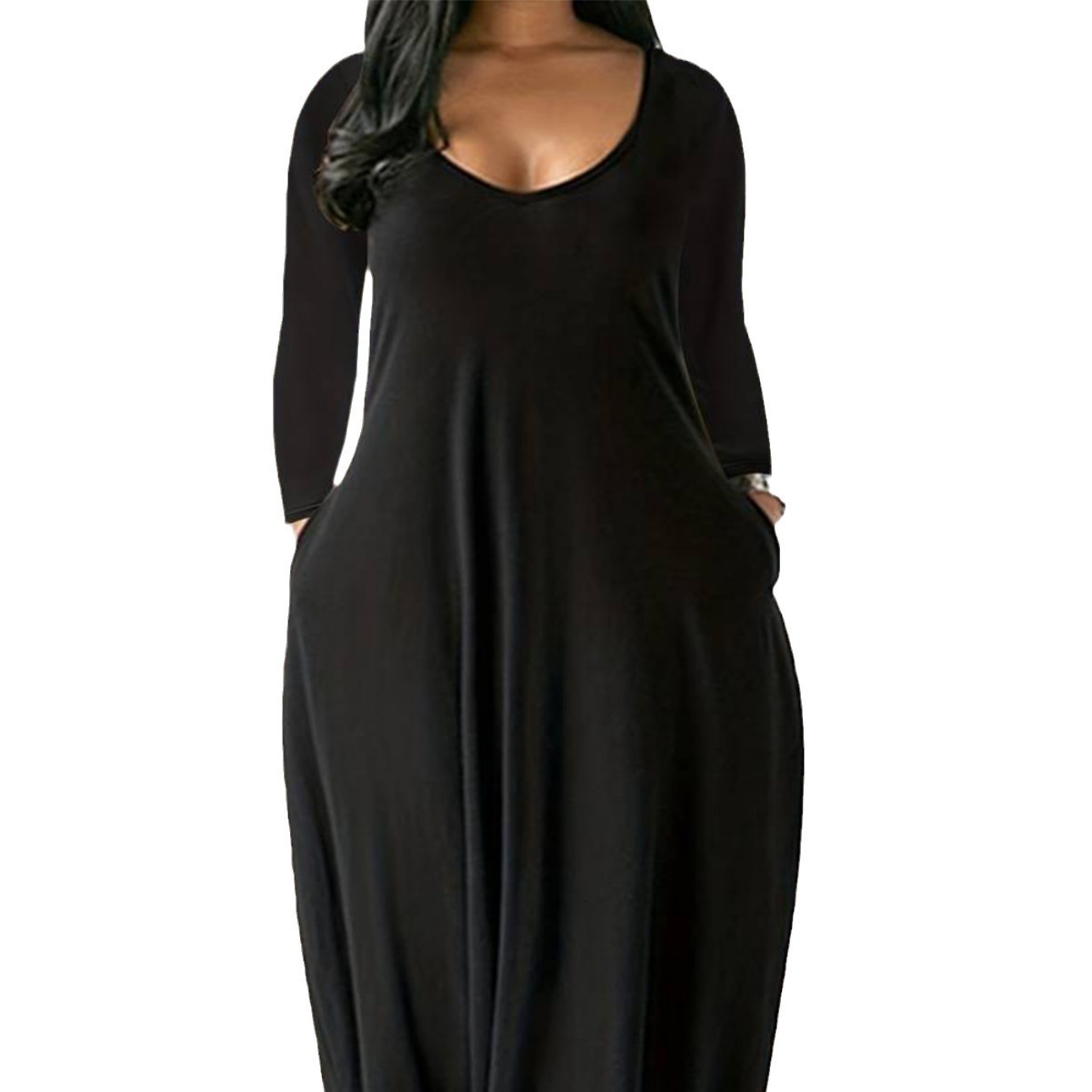 Autumn and Winter Plus Size Womens Simple Commuting U-neck Dress Loose Casual Slimming Long Skirt