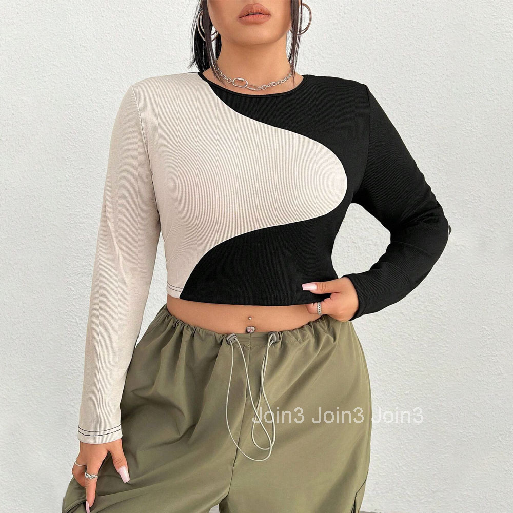 Autumn and Winter New Slim Fit Exposed Navel Splicing Contrasting Color Slimming Ultra Short Sexy Round Neck Long Sleeved T-shirt Top