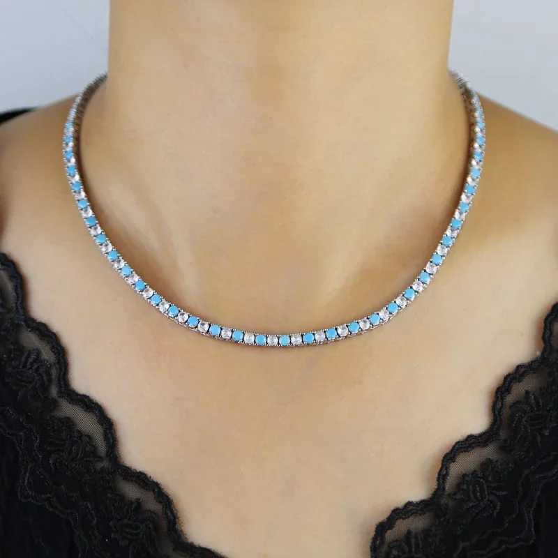 White CZ Blue Turquoises Stone Tennis Chain Choker Necklace For Wen High Quality Fashion Jewelry X250516