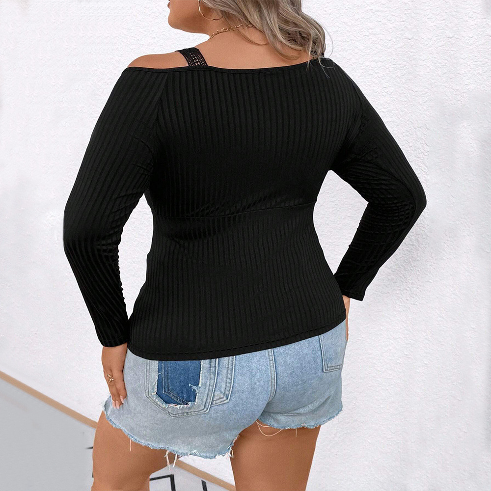 Plus Size Womens Simple and Sexy T-shirt Autumn and Winter Slim Fit and Slimming V-neck Suspender Long Sleeved Top