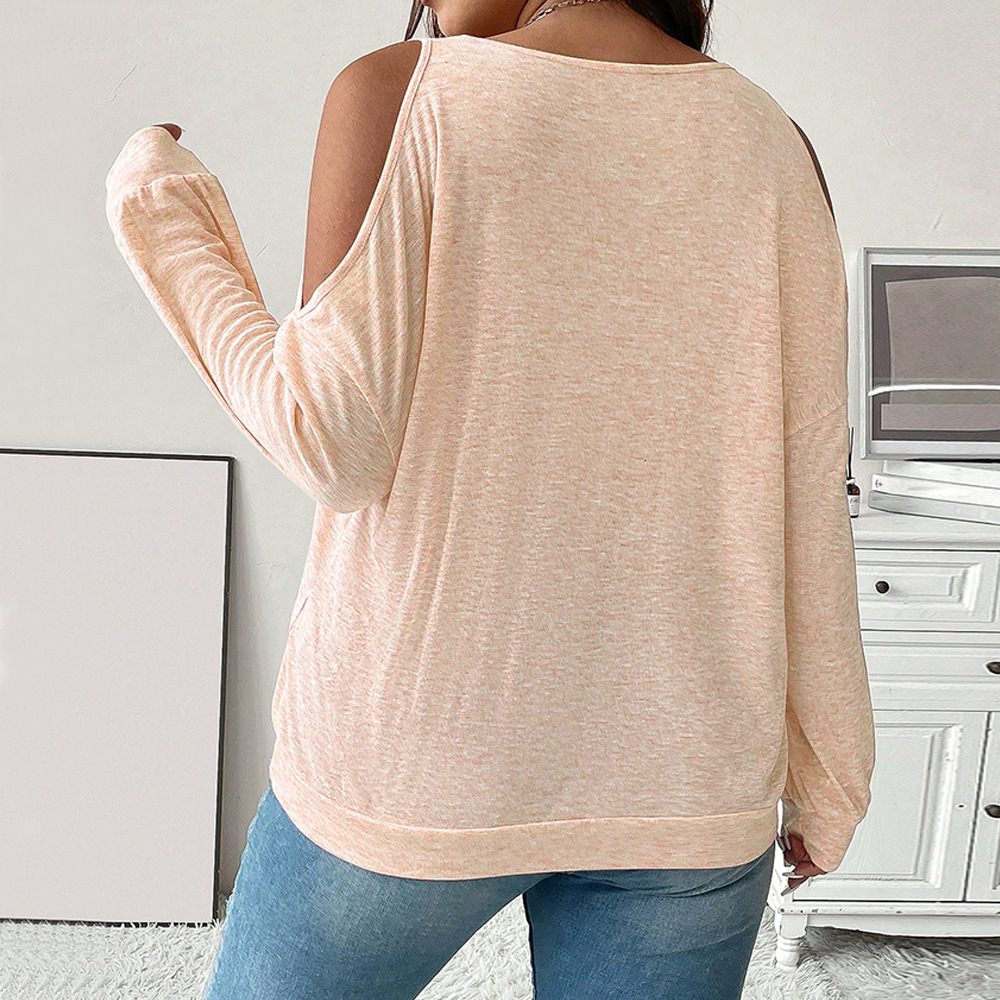 Large Size Womens Autumn and Winter Sexy Off Shoulder V-neck Loose Casual Solid Color Long Sleeved T-shirt Top