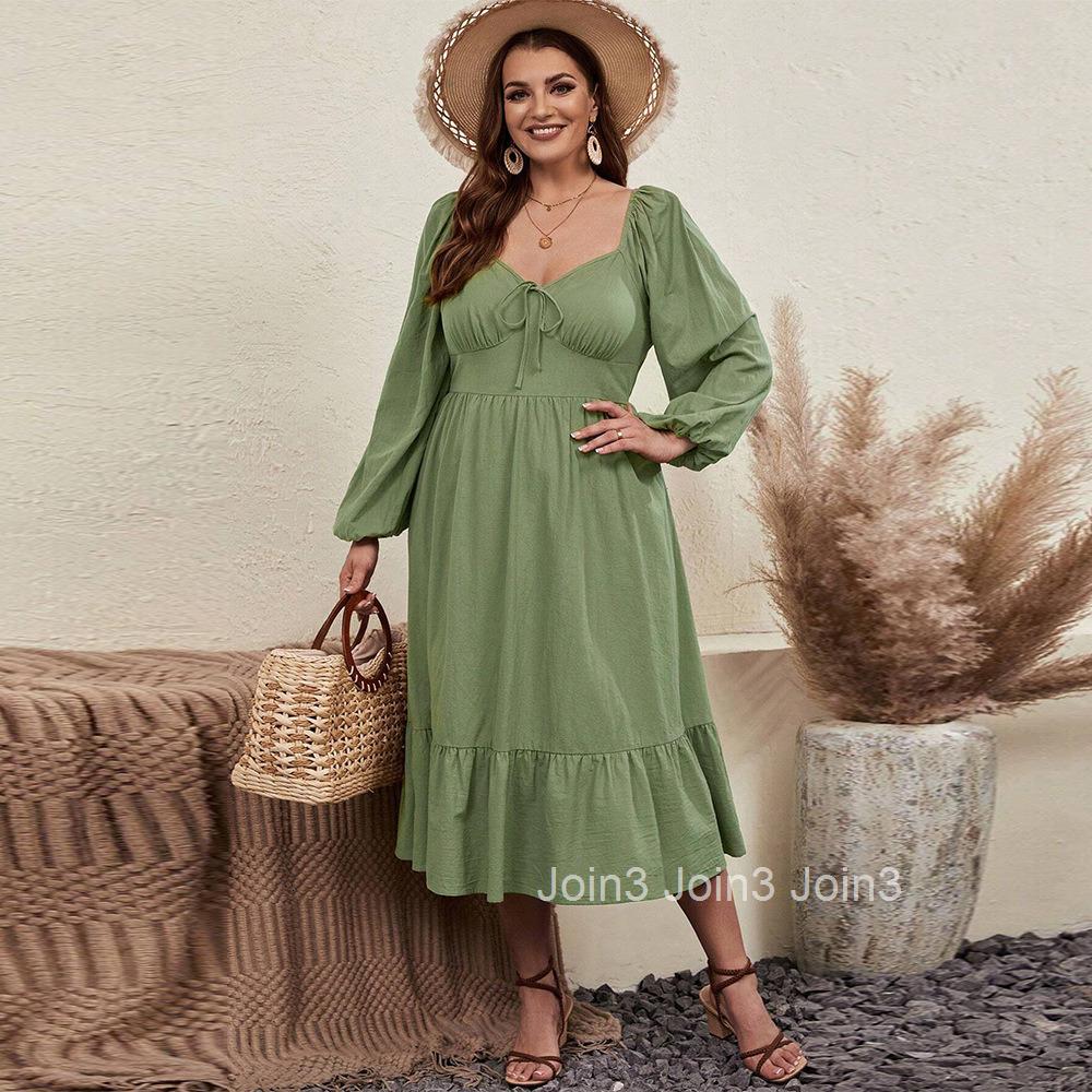 Large Size Womens Waist Cinched Hemline Heart-shaped Collar Bubble Sleeves Rustic Style Long Sleeved Dress