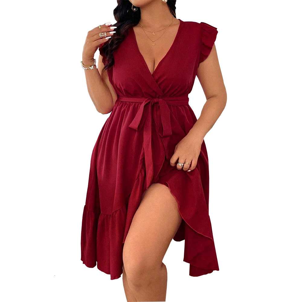 New Womens V-neck Solid Color Tied Waist Ruffle Edge Short Sleeve Dress