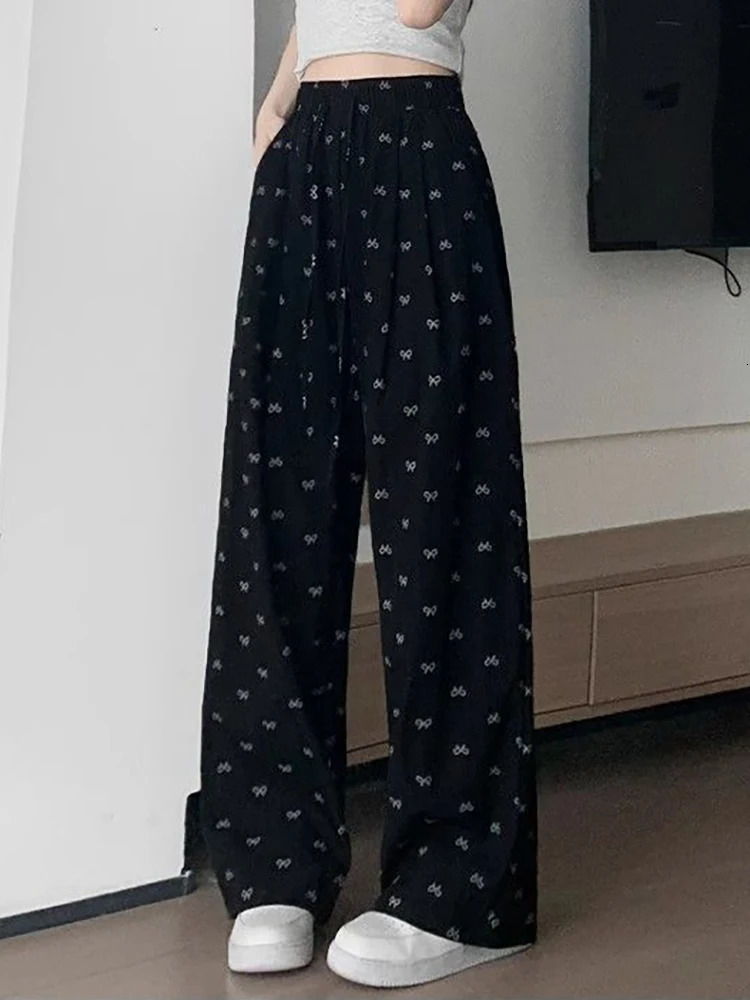 Summer Womens Korea Casual Elastic Waist RelaxedFit Pants 2025 Female Sweet Style Irregular Bow Print WideLeg 250506