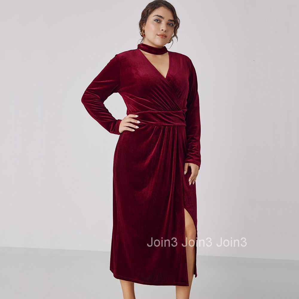 Plus Size Womens French Queen Wine Red Dress Autumn and Winter Korean Velvet Slit Long Skirt
