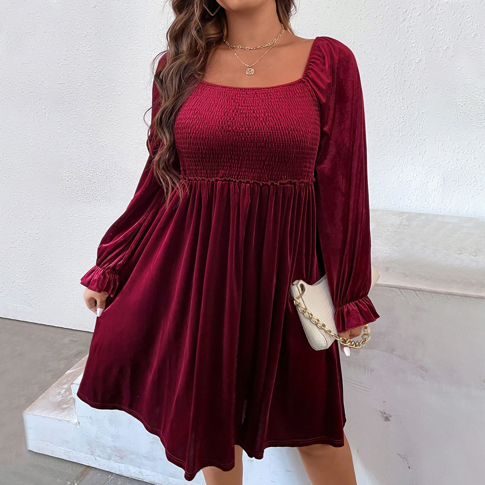 Plus Size Womens Square Neck Elegant Style Dress Autumn and Winter High Waisted Pleated Wine Red Mid Skirt