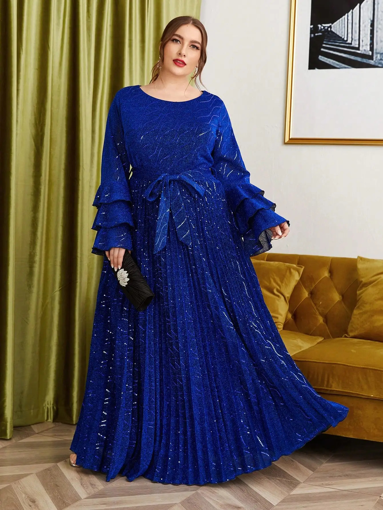 Mgiacy plus size round neck multilayer lotus long sleeved sun folding evening gown dance 250506