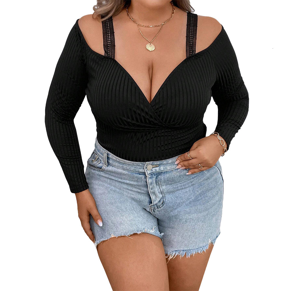 Plus Size Womens Simple and Sexy T-shirt Autumn and Winter Slim Fit and Slimming V-neck Suspender Long Sleeved Top