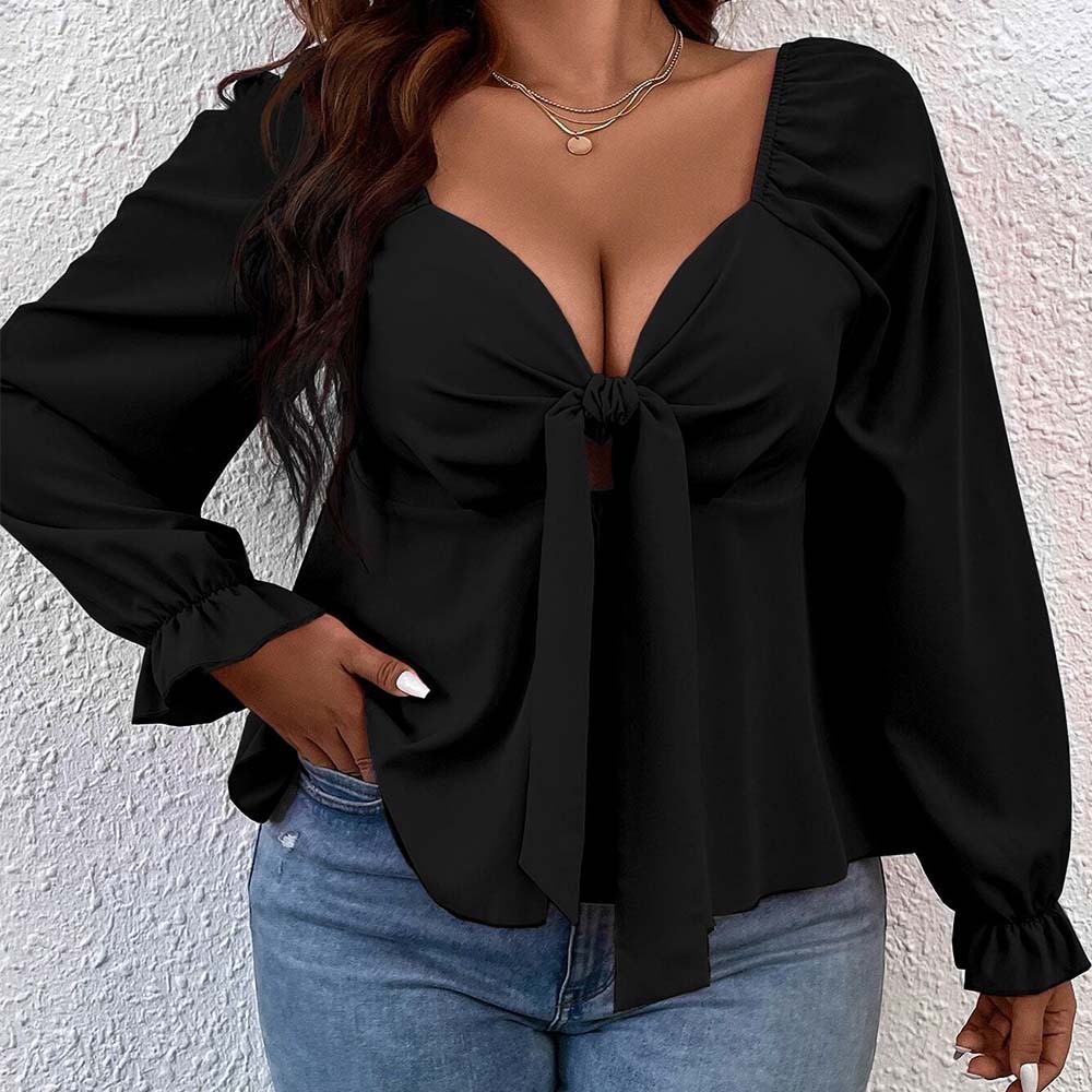 Plus Size Womens French Style Small Fragrance V-neck T-shirt Autumn and Winter Lantern Sleeves Design Sense Slimming Top