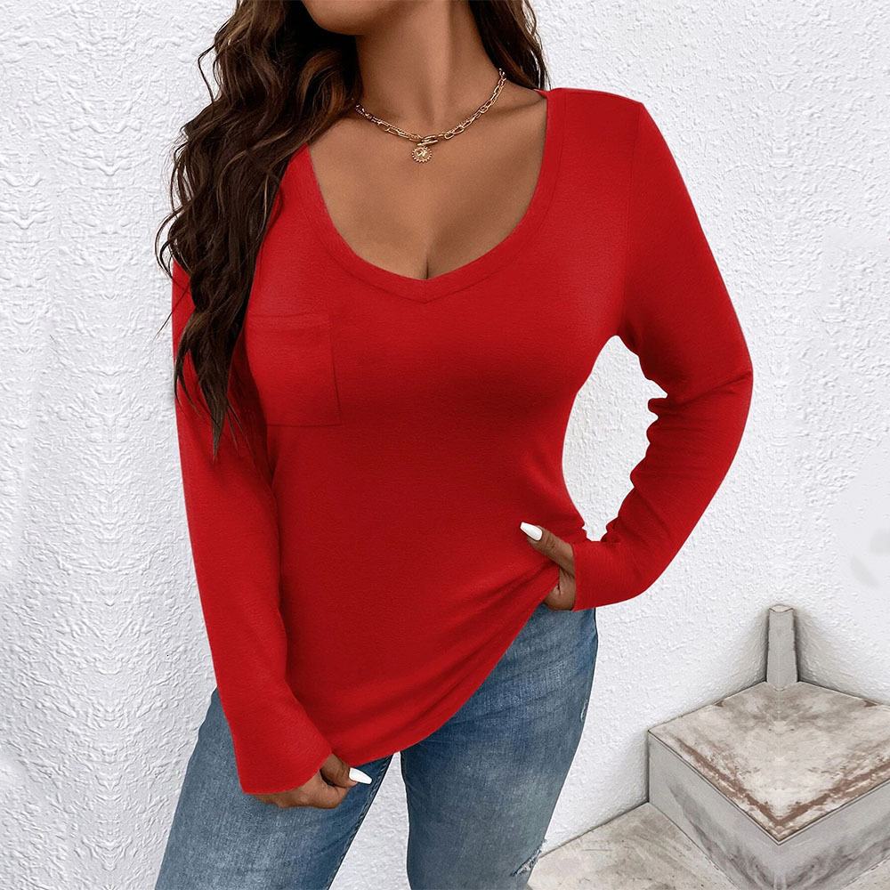 Large Size Womens New Slim Fit Casual V-neck Knitted Long Sleeved Versatile Top