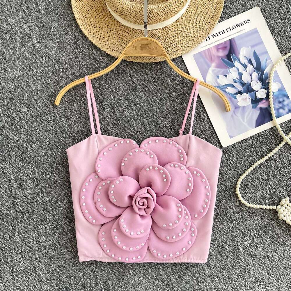 New Summer Women Elegant Chic Tiered Three-dimensional Floral Beading crop Slim vintage Sexy tank Top sweet Beach Camis