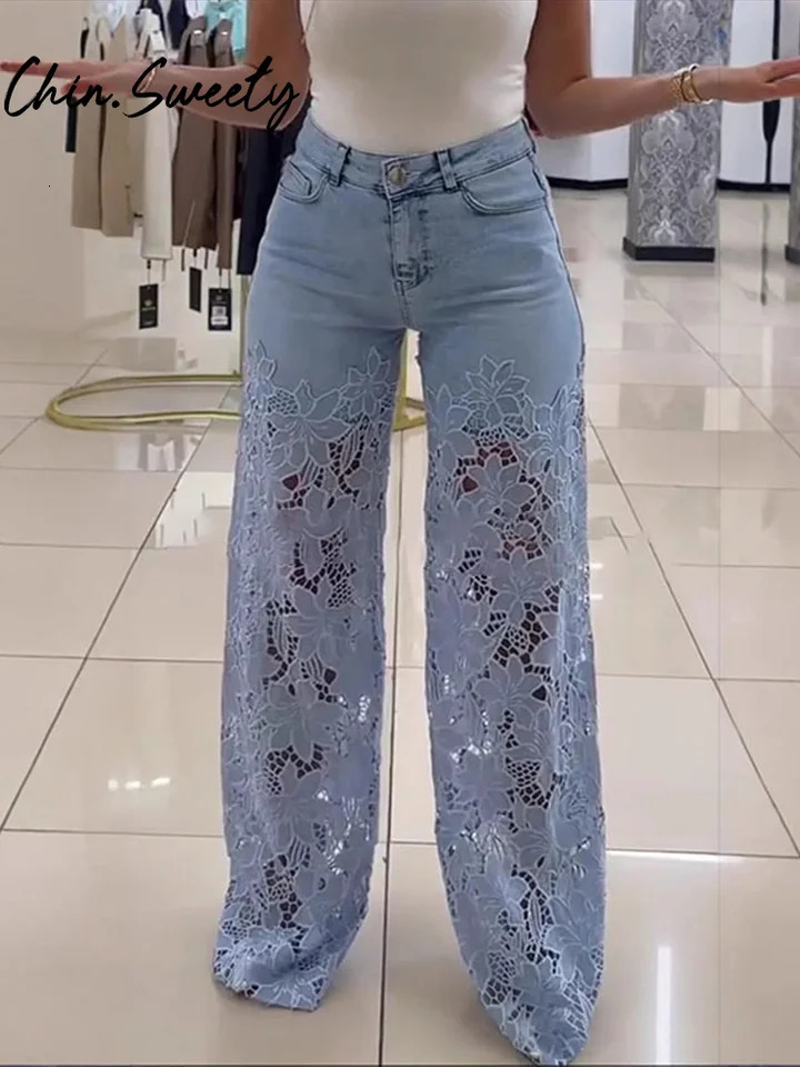 Urban crochet denim womens pants Elegan hollow zipper pocket button Trouser 2025 summer fashion streetwear 250506