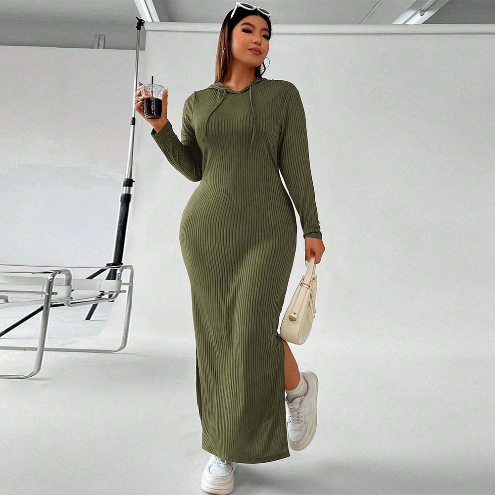 New Plus Size Womens Instagram Hooded Dress for Autumn and Winter Simple and Tight Fitting Hip Hugging Long Skirt