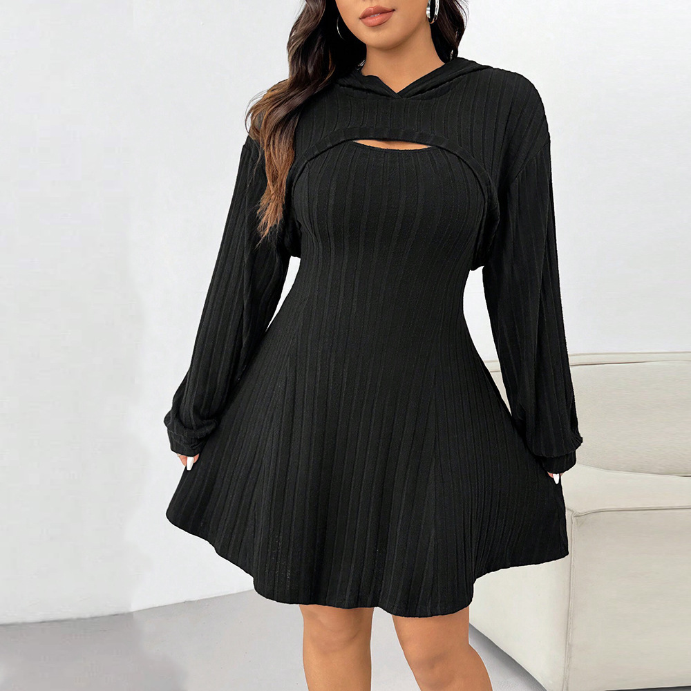 Plus Size Womens Clothing Simple Sweet Style Fashion Set Autumn and Winter Hooded Shawl Short Skirt Two-piece Set