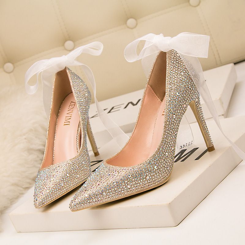 Women's Pumps bride Internet celebrity high heels sier stiletto pointed toe shallow water dia single women's wedding shoes wholesale