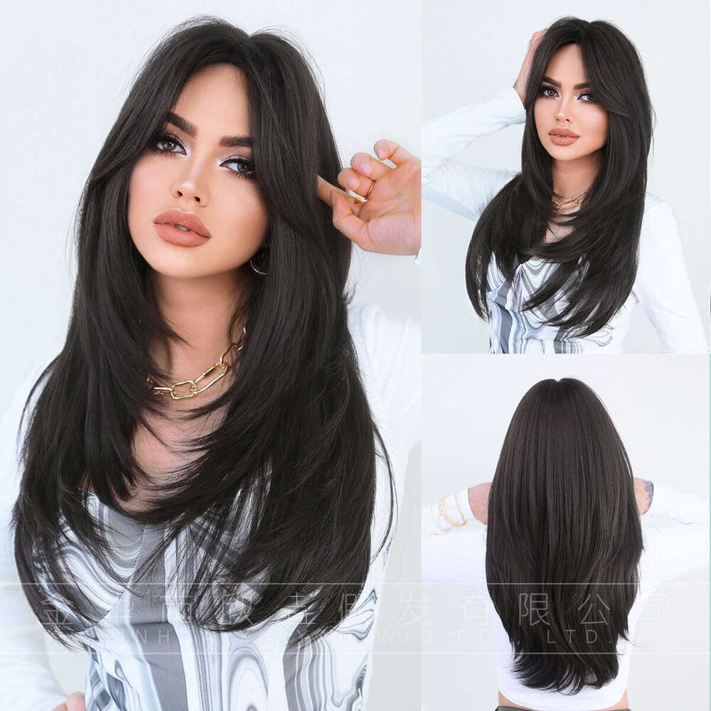 Women's Octagonal bangs wig, gradient long straight hair, full head set, high-quality natural layered wig