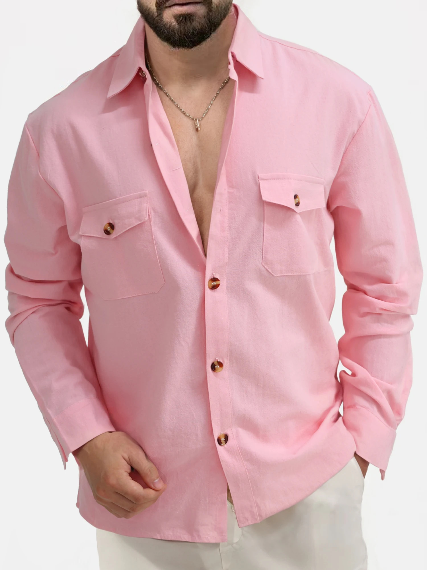 Mens cotton linen shirt with solid collar lightweight and breathable white casual plus size streetwear y250506Z
