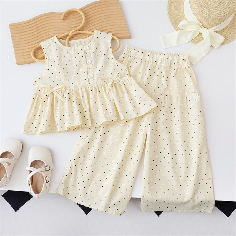 Bear Leader Baby Girls Casual Clothing Round Neck Sleeveless Polka Dot TopWide Leg Pants Set with Bow and Botton 2PCS Set 250515