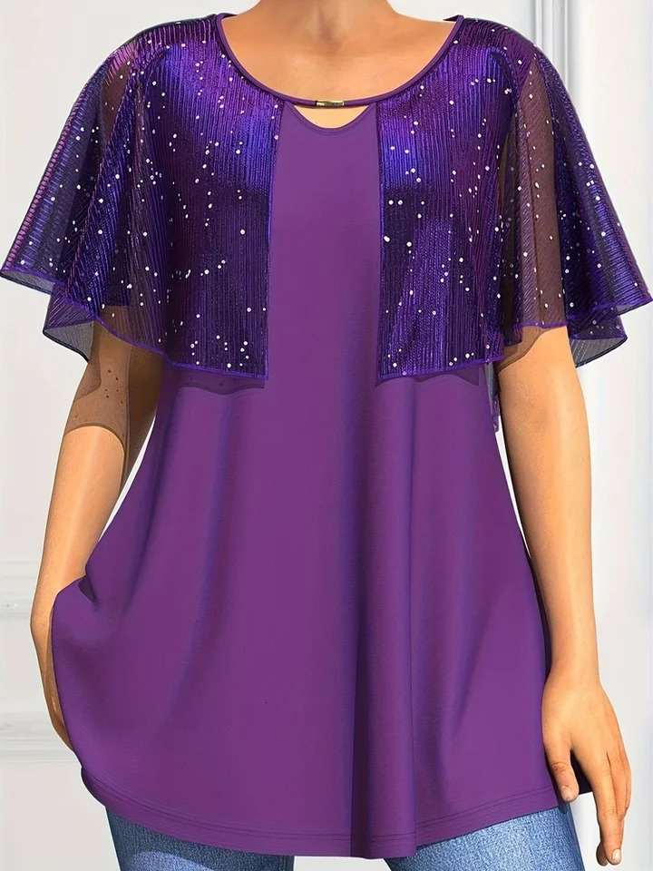 Plus Size Womens Fashion Sequin Decorative Shawl Crew Neck Chiffon Top Casual Short Sleeve Summer Clothing 2024 250514