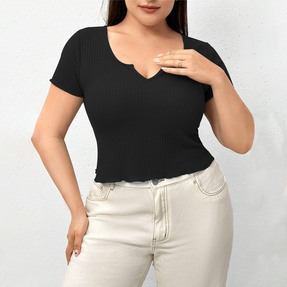 Plus Size Womens Waffle Breathable Slim Fit Temperament Solid Color T-shirt Top