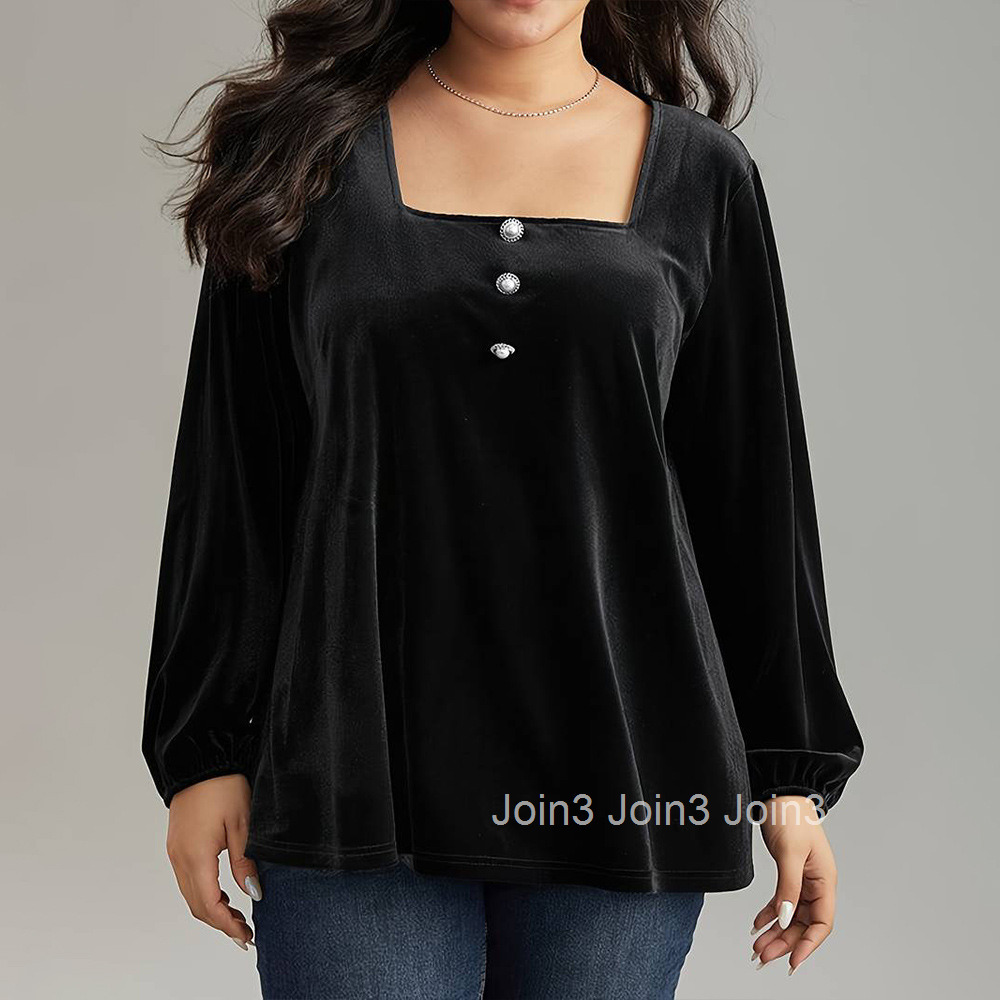 Large Size Womens Elegant Velvet T-shirt Autumn and Winter Square Neck Long Sleeved Fashionable Loose Solid Color Top