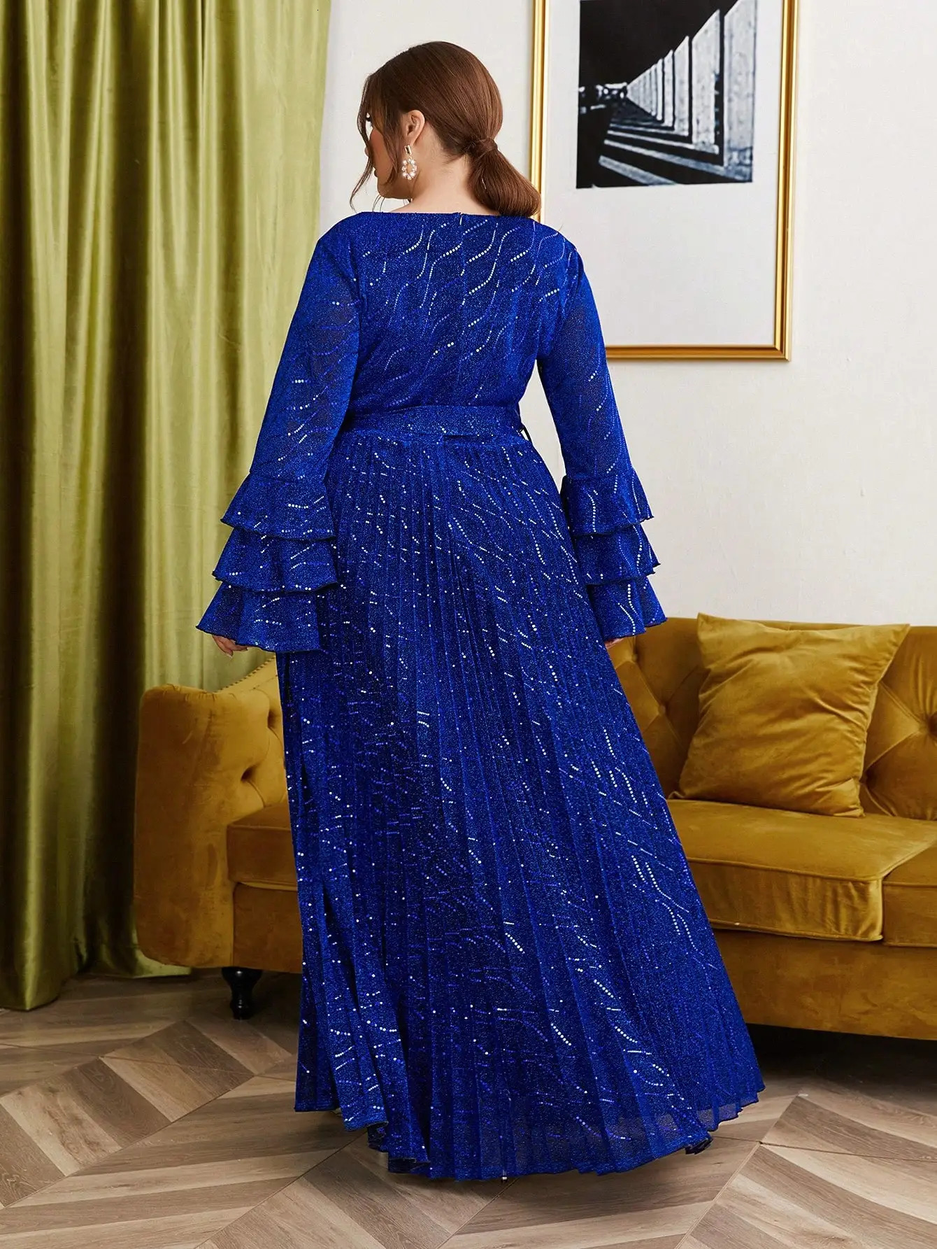 Mgiacy plus size round neck multilayer lotus long sleeved sun folding evening gown dance 250506