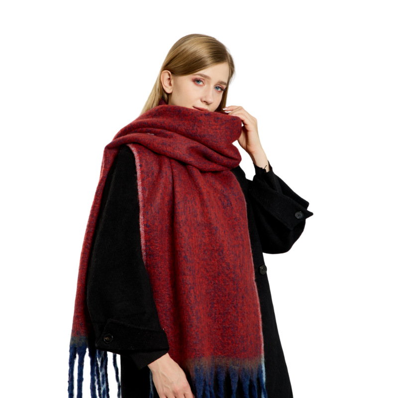 K738 Simple border solid color scarf women's warm imitation cashmere tassel scarf autumn and winter contrast color neck cold shawl