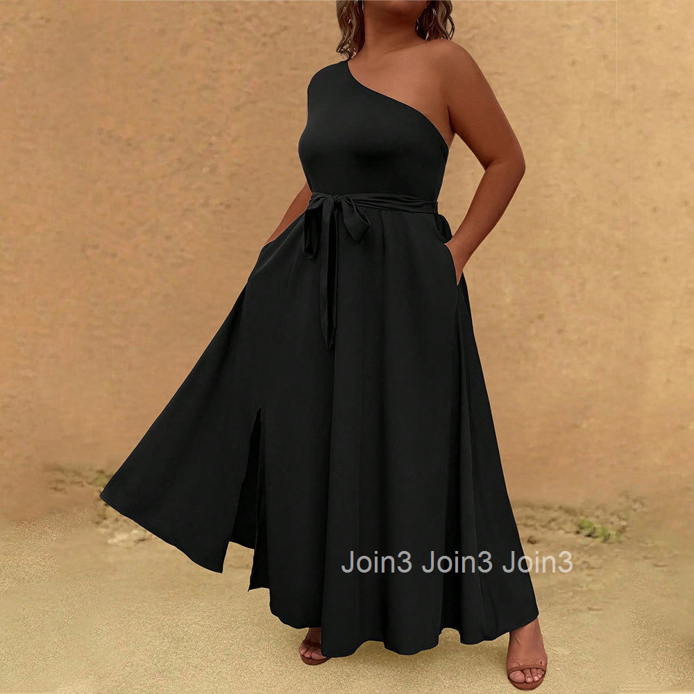 Large Size Womens Socialite Style Dress Summer New Item Sloping Collar Off Shoulder French High-end Long Dress