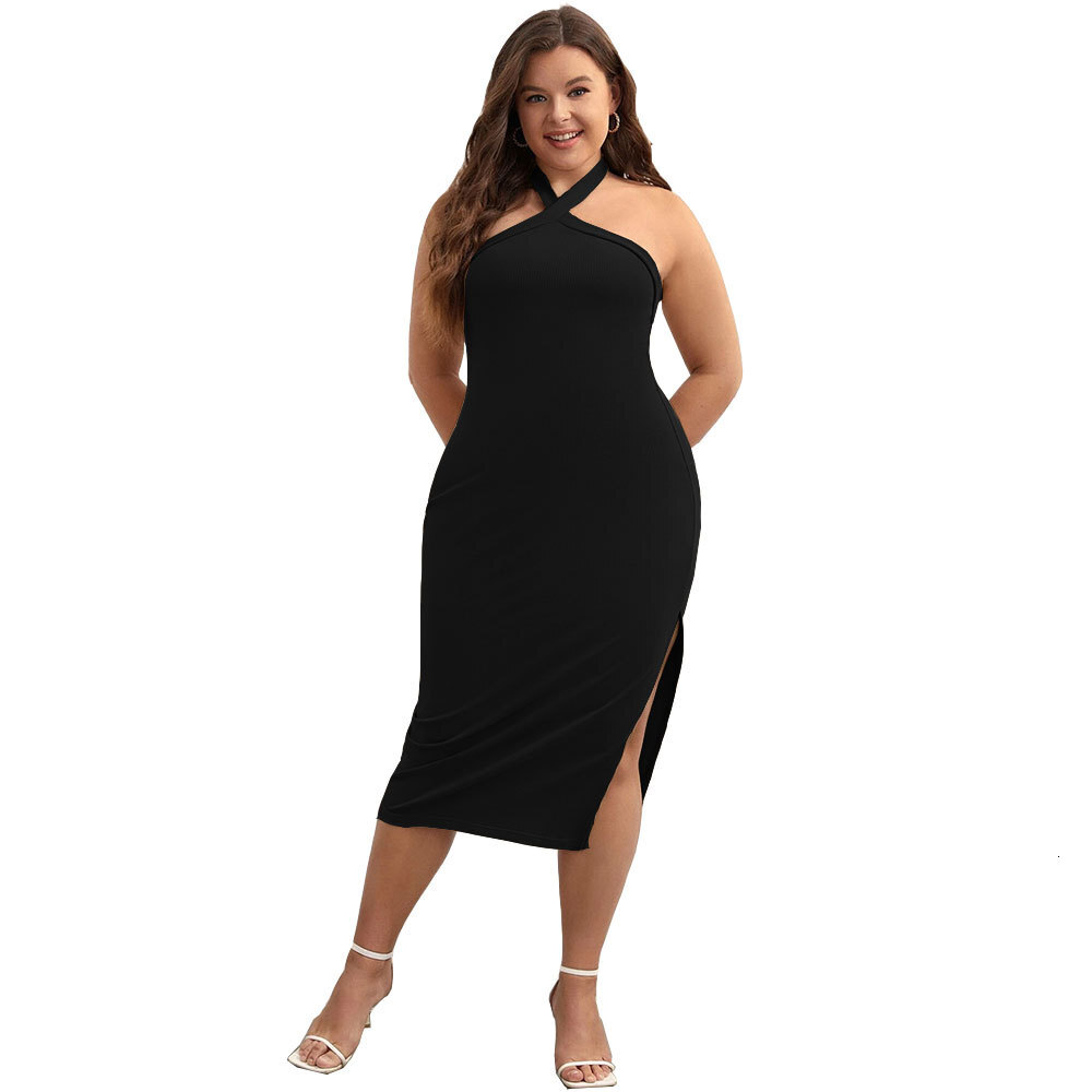 Plus Size Womens New Sexy Backless Slit Bag Hip Skirt Hanging Neck Knitted Fashionable Temperament Dress