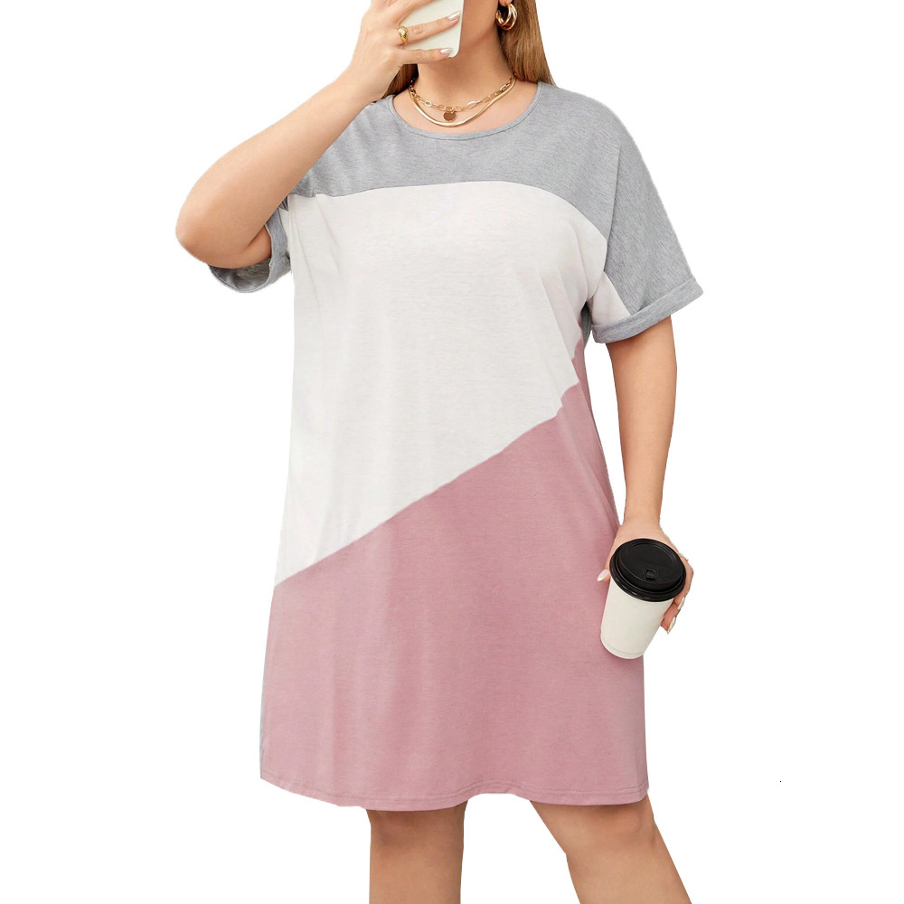 Plus Size Womens Short Sleeved Round Neck Patchwork Contrasting Loose Solid Color Casual Dress