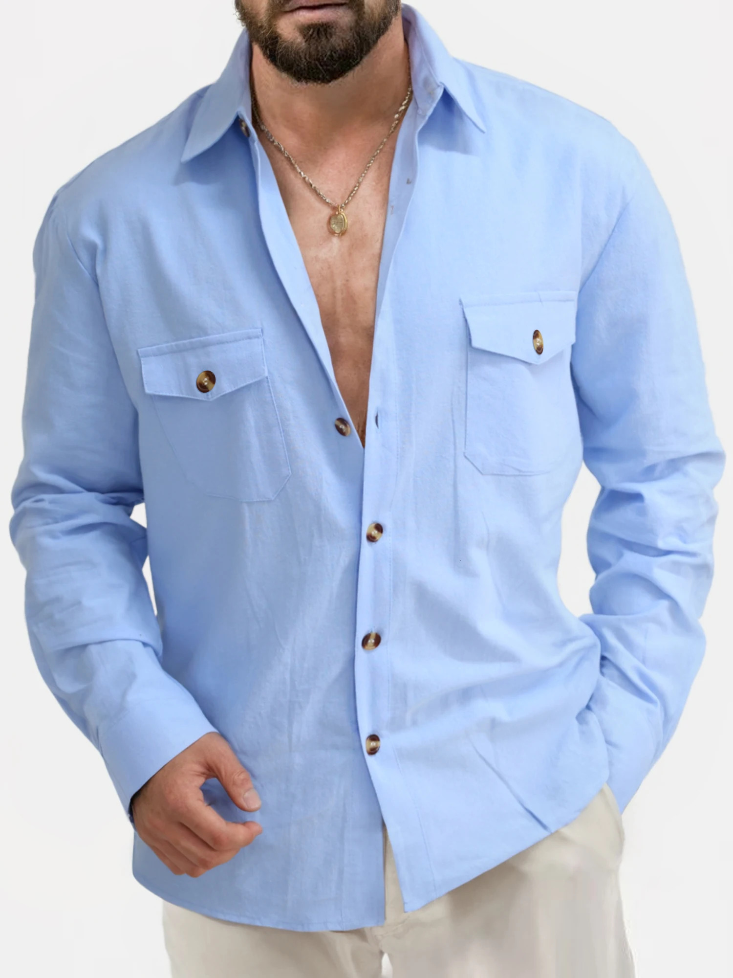 Mens cotton linen shirt with solid collar lightweight and breathable white casual plus size streetwear y250506Z