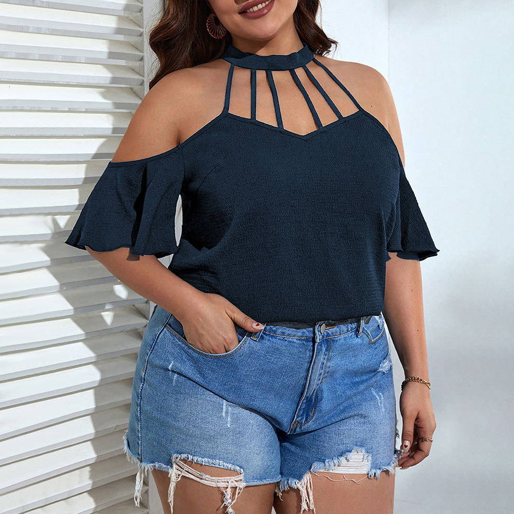 2025 Plus Size Womens Elegant Style T-shirt Summer New Style Hanging Neck Off Shoulder Slimming Short Sleeved Top