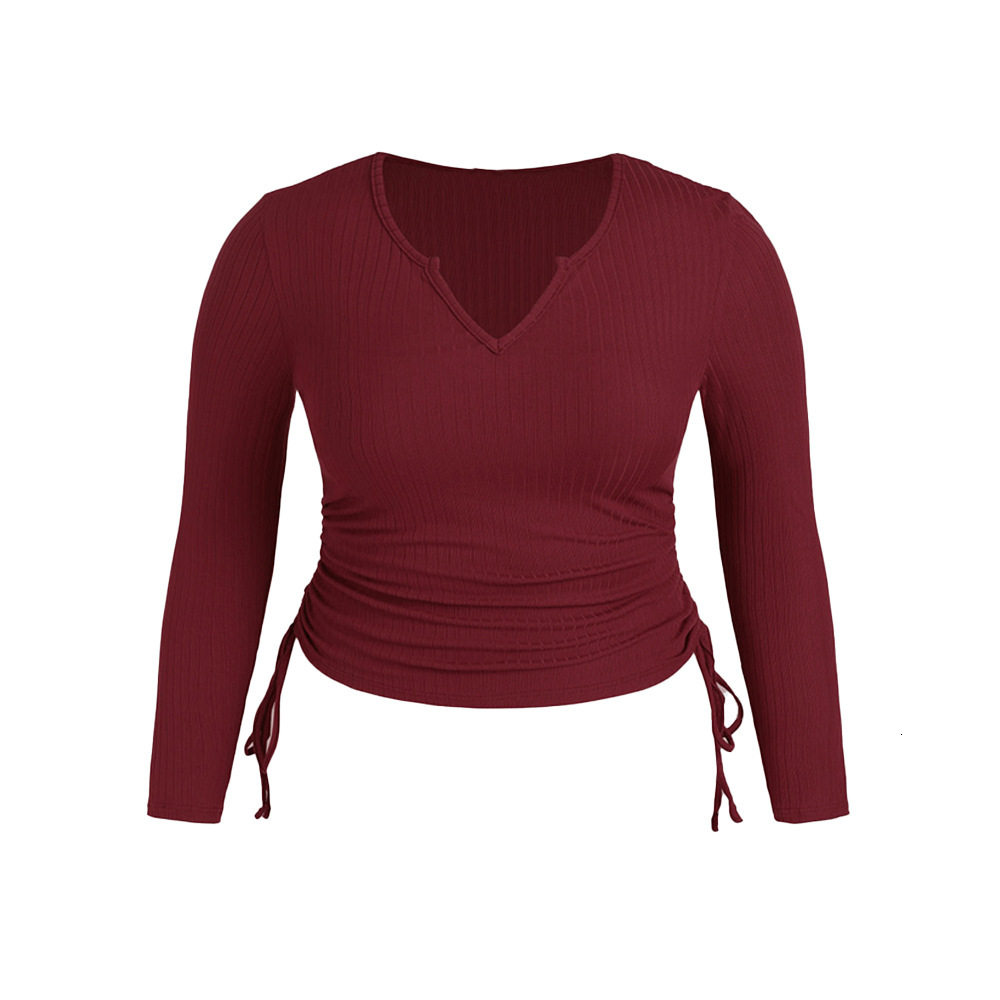 Oversized Womens V-neck Drawstring Slimming Long Sleeved T-shirt with Slim Fit and Short Inner Layer Bottom Layer Autumn and Winter Top