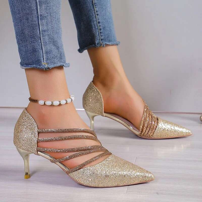 Sexy Pointed Toe Champagne Ladies High Heels New Shiny Crystal Wedding Bridal Simple and Elegant Women's Dress Shoes