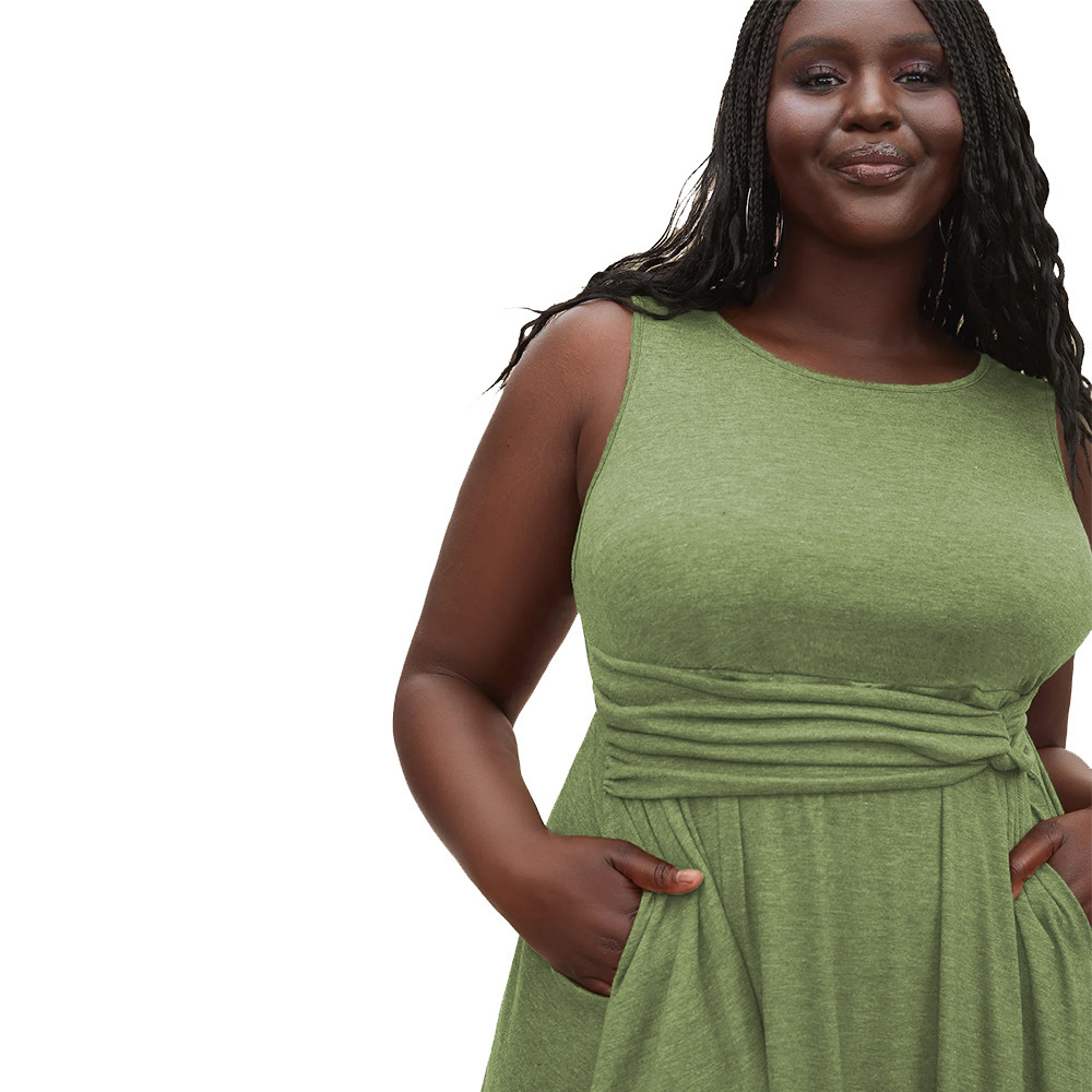 Oversized Womens New Round Neck Sleeveless Vest Pocket Solid Color Irregular Dress