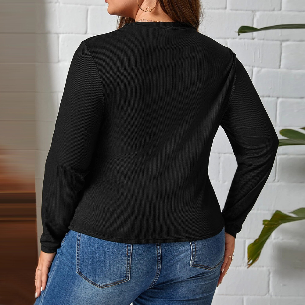 Autumn and Winter Plus Size Womens Round Neck Slim Fit Asymmetric Knitted Long Sleeved T-shirt Versatile Top