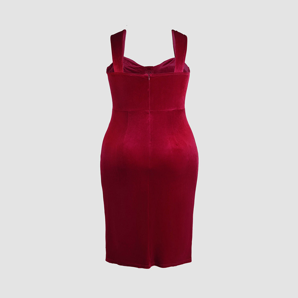 Large Size Womens Autumn and Winter Slim Fit Slit Hip Hugging Temperament Solid Color Velvet Suspender Dress