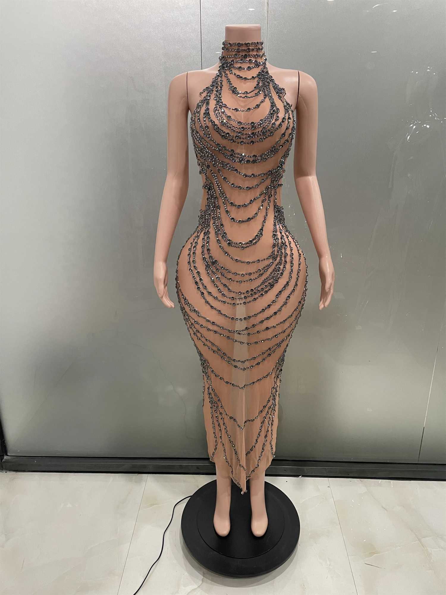Sexy Luxury Sparkly Gold Rhine Transparent Mesh Long Dress Women Birthday Party Gown Stage Singer Performance Show Come W250516