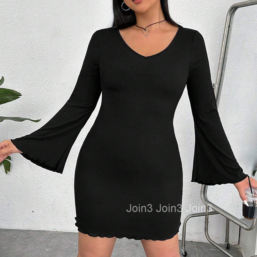 Large Size Womens Autumn and Winter New Sexy V-neck Flared Sleeves Hip Hugging Long Sleeved Dress with Temperament
