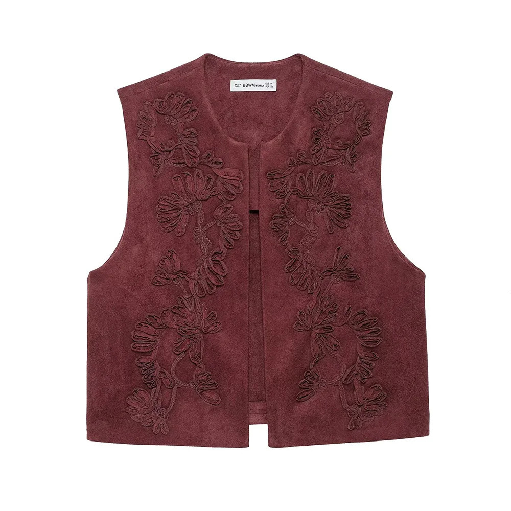 Wine Red White Brown Three Color Round Neck Sleeveless Embroidery n Women Open Stitch Suede Texture Vest Coat ZATT 2025 250506